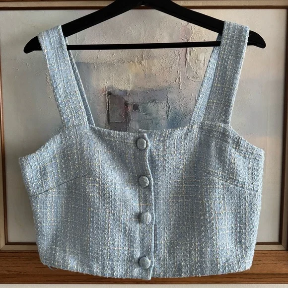 Jason Wu Tweed Top Light Blue Cropped Sleeveless Button Front Size 10 - Picture 2 of 10